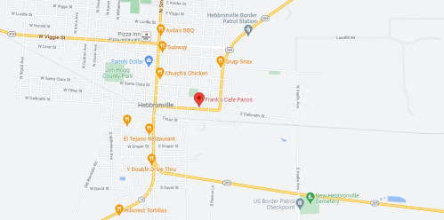 Map showing Hebbronville, Texas, with locations including Frank's Café and nearby landmarks.