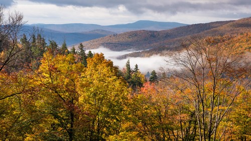 A scenic view of autumn foliage with mountains and mist in the valleys under a cloudy sky.