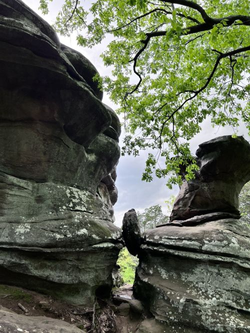 A narrow gap between two large rock formations, surrounded by greenery and a cloudy sky above.