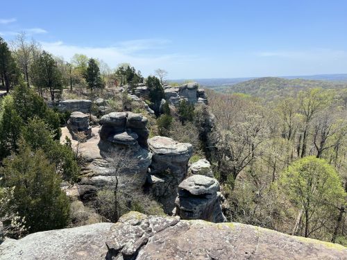 A scenic view of rocky cliffs and lush green trees under a clear blue sky.