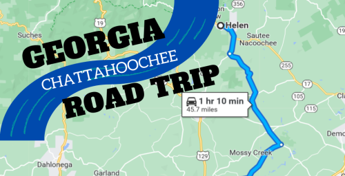 Map highlighting a road trip route from Chattahoochee to Helen, Georgia, with travel time and distance noted.