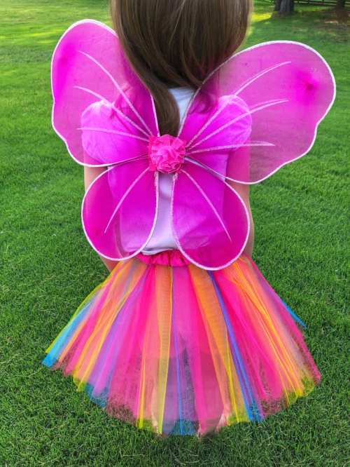 A child wearing a pink butterfly costume with colorful tulle skirt, standing on green grass.