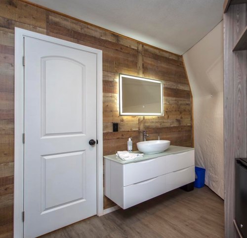 Modern bathroom with wooden accent wall, white sink, mirror, and sleek cabinetry. Door and blue trash bin visible.