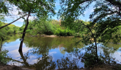 A serene river scene surrounded by lush greenery and trees, reflecting the blue sky and clouds above.