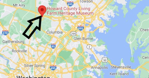 Map highlighting the location of the Howard County Living Farm Heritage Museum in Maryland.
