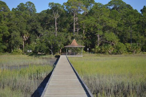 A wooden dock leads to a gazebo surrounded by lush greenery and tall grasses in a serene marsh setting.