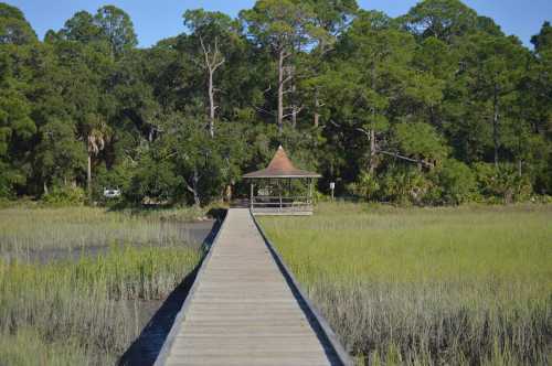 A wooden dock leads to a gazebo surrounded by lush greenery and tall grasses in a serene marsh setting.