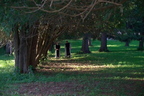 Two figures walk along a shaded path under tall trees in a lush green park. Sunlight filters through the leaves.