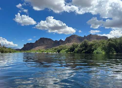 A serene river scene with mountains in the background, under a bright blue sky with fluffy white clouds.