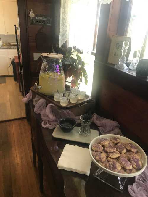 A table with a glass pitcher of lemonade, cups, and a plate of purple and yellow cookies in a cozy setting.