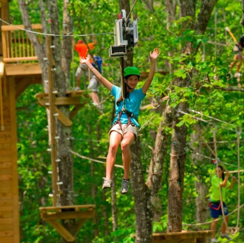 A child in a green helmet zip-lining through a forest, smiling with arms raised, surrounded by trees and other adventurers.