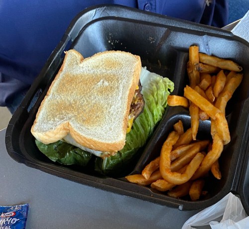 A sandwich with lettuce and a patty, served with curly fries in a black takeout container.