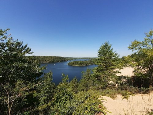 A serene view of a lake surrounded by lush greenery and sandy shores under a clear blue sky.