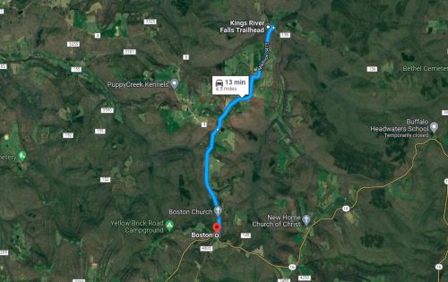 Map showing directions from Boston Church to King's River Falls Trailhead, approximately 2.5 miles away.