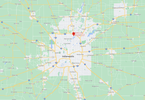 Map of Indianapolis, Indiana, highlighting a specific location within the city. Major roads and surrounding areas are visible.