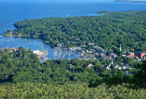 Aerial view of a lush green landscape with a harbor, boats, and a small town by the water.