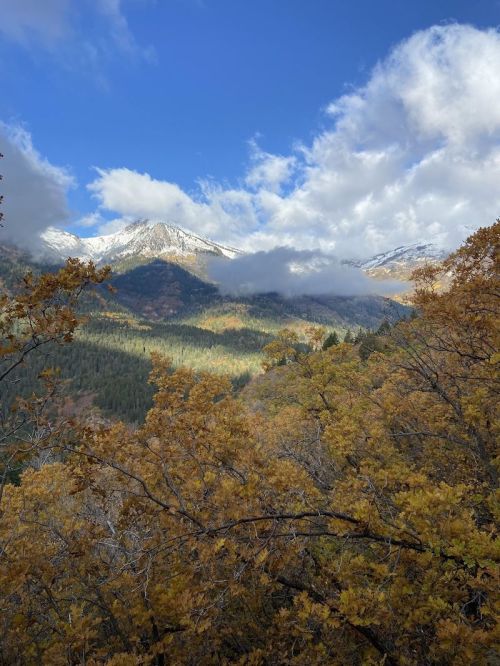 A scenic view of mountains with snow-capped peaks, surrounded by autumn foliage and a partly cloudy sky.