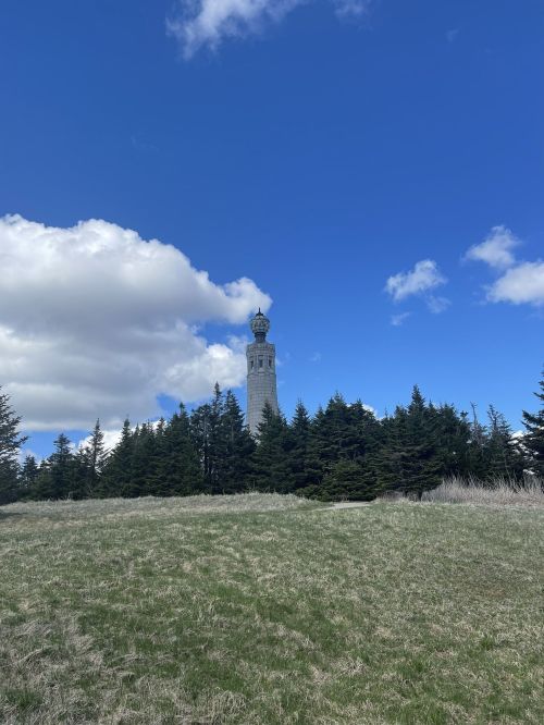 A tall lighthouse tower rises above a forest under a blue sky with fluffy clouds, surrounded by grassy fields.