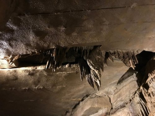 Stalactites hang from a rocky cave ceiling, illuminated by soft light, creating a dramatic underground scene.