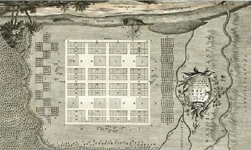A historical map depicting a plantation layout with fields, buildings, and surrounding vegetation.