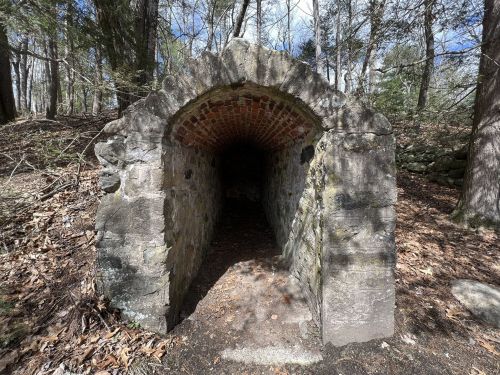 A stone archway leads into a dark, empty tunnel surrounded by trees and fallen leaves.