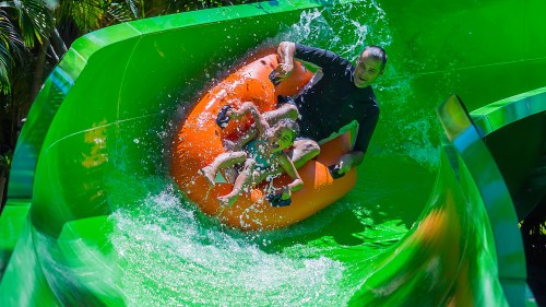 A man and child joyfully ride a water slide, splashing through bright green water.