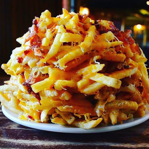 A large plate piled high with crispy fries topped with melted cheese and bits of bacon.