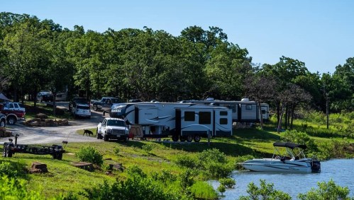 A scenic campsite by a lake with RVs, cars, and a boat, surrounded by lush greenery and clear blue skies.