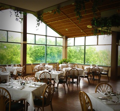 Bright restaurant interior with white tablecloths, glass windows, and greenery outside. Cozy and inviting atmosphere.