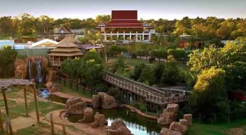 A scenic view of a zoo featuring lush greenery, a pond, a bridge, and a large building in the background.