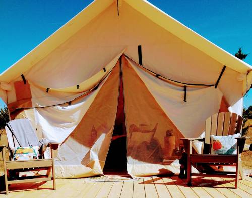 A glamping tent with an open entrance, two wooden chairs outside, and a sunny blue sky above.
