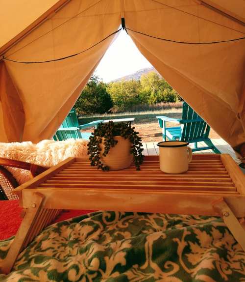 Cozy interior of a tent with a wooden tray, potted plant, and a mug, overlooking a scenic outdoor view.