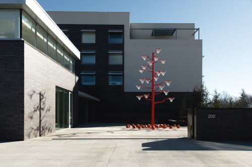 A modern building with large windows and a red tree sculpture in a paved area, under a clear blue sky.