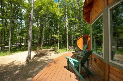 A wooden deck with green chairs overlooks a serene forest with trees and blue skies.