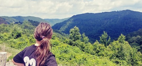A person stands with their back to the camera, gazing at a lush green mountain landscape under a blue sky.
