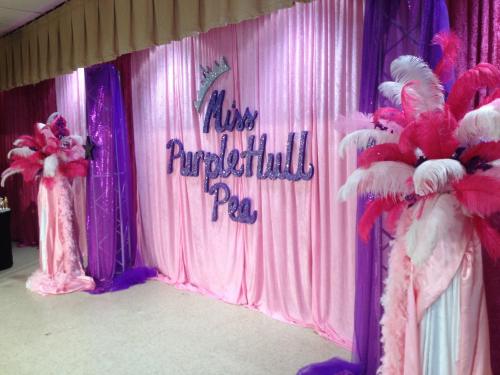 A colorful backdrop for an event, featuring "Miss Purple Hull Pea" in sparkly letters, with feathered decorations on either side.