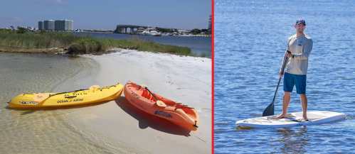 Two kayaks on a sandy shore beside calm water, with a person paddleboarding nearby under a clear blue sky.