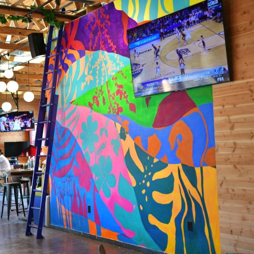 Colorful mural on a wooden wall with vibrant plants and abstract shapes, alongside a TV displaying a sports game.