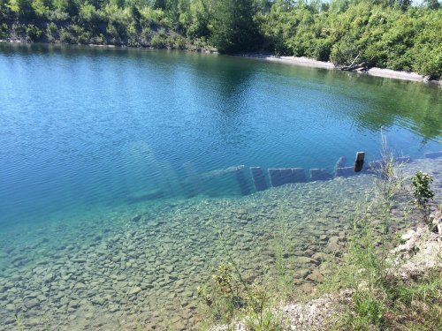 A serene blue lake with clear water revealing submerged wooden structures and lush greenery along the shore.