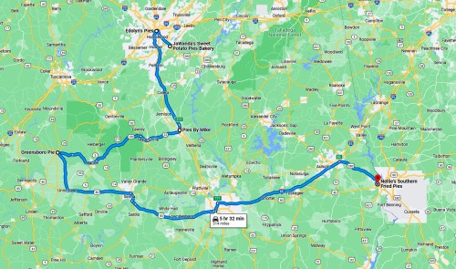 Map showing a route with stops at Edelyn's Pie, Pie by Mike, and Nellie's Southern Fried Pies, spanning 5 hours 32 minutes.