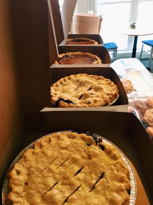 A row of freshly baked pies in cardboard boxes, showcasing golden crusts and various fillings.