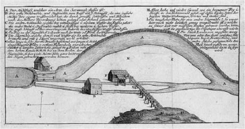 An old illustration depicting a river with buildings, a bridge, and descriptive text in German.