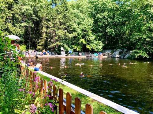 A serene swimming area surrounded by trees, with people swimming and relaxing by the water on a sunny day.