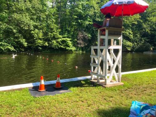 A lifeguard tower with an umbrella overlooks a calm swimming area surrounded by trees, with cones marking the edge.