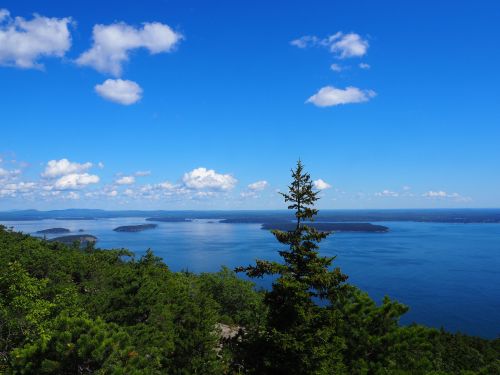 A scenic view of blue waters and islands under a bright blue sky with fluffy clouds, framed by green trees.