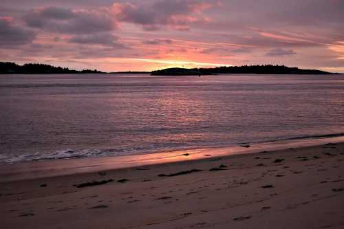 A serene beach at sunset, with soft pink and purple hues reflecting on calm water and distant islands.