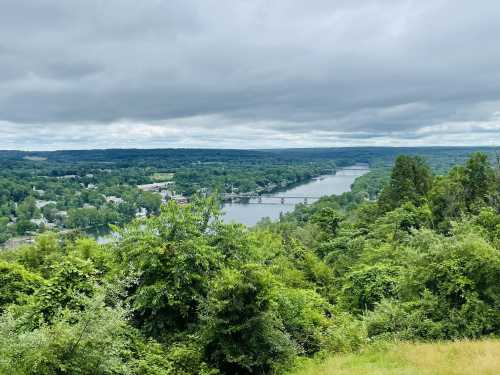 A scenic view of a river winding through lush greenery under a cloudy sky.