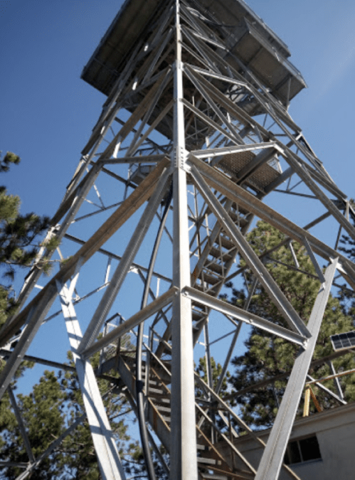 A tall metal fire lookout tower with a staircase, surrounded by trees and a clear blue sky.