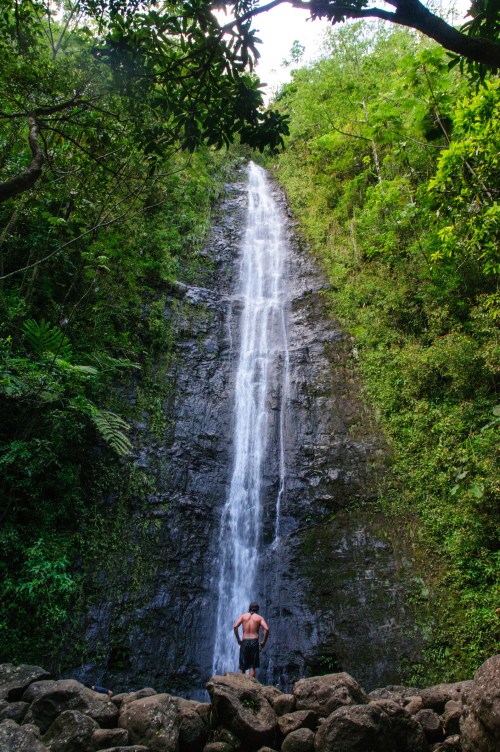 A person stands in front of a tall waterfall surrounded by lush greenery and rocky terrain.
