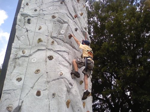 A child climbs a rock wall, wearing a harness and shorts, with trees and a blue sky in the background.